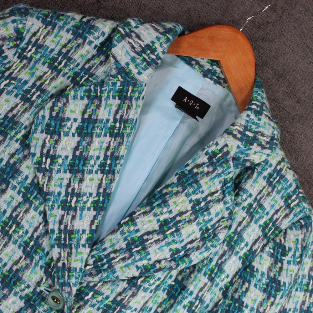 R.Q.T. Blue Green Tweed Blazer Jacket Size 14 Wool Blend Basketweave Lined